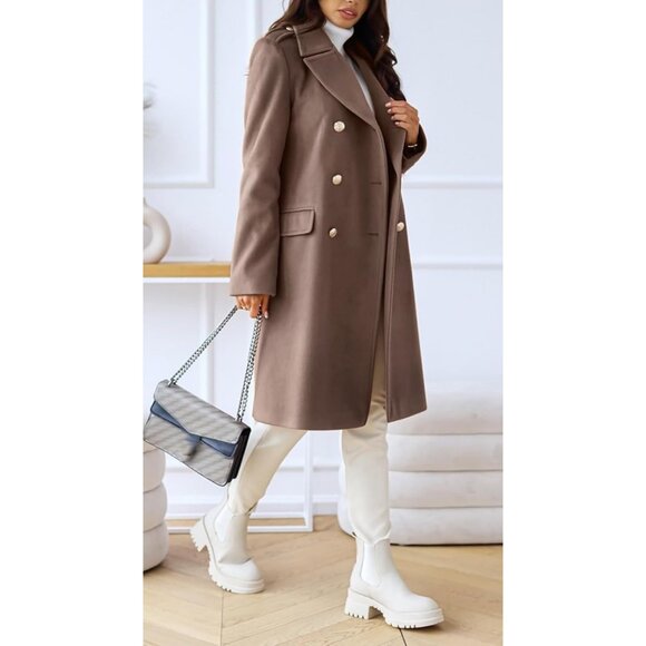 Women's Khaki Double-Breasted Wool Blend Winter Jacket Warm Long Trench Coat - Picture 4 of 6